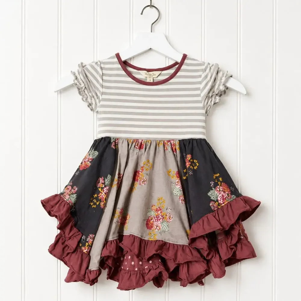 Matilda Jane Make Believe Girls 2 Floral Striped Ruffle Patchwork Dress